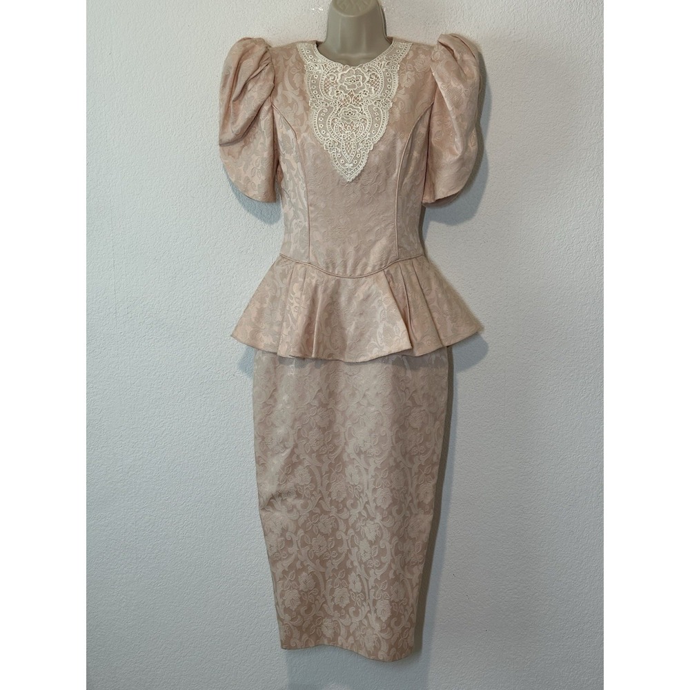 Vintage 80s Scott McClintock Blush Peplum Dress Floral Damask 4 Coquette Regency